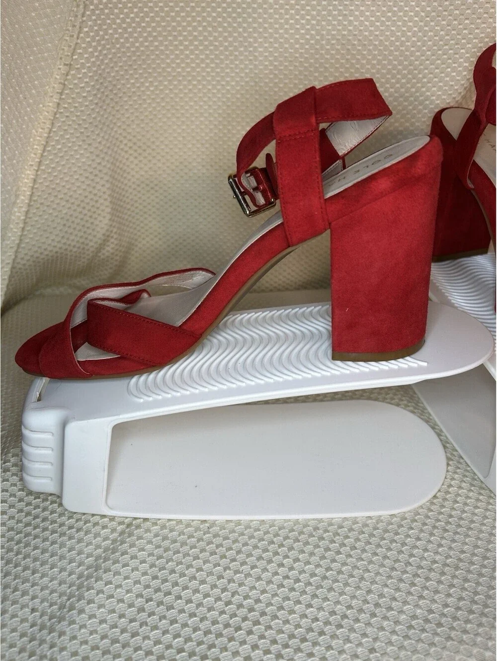 Set Of 2 Cole Haan Kadi Sandals Suede Block Heel Gold Buckle Tango Red Black 8B
